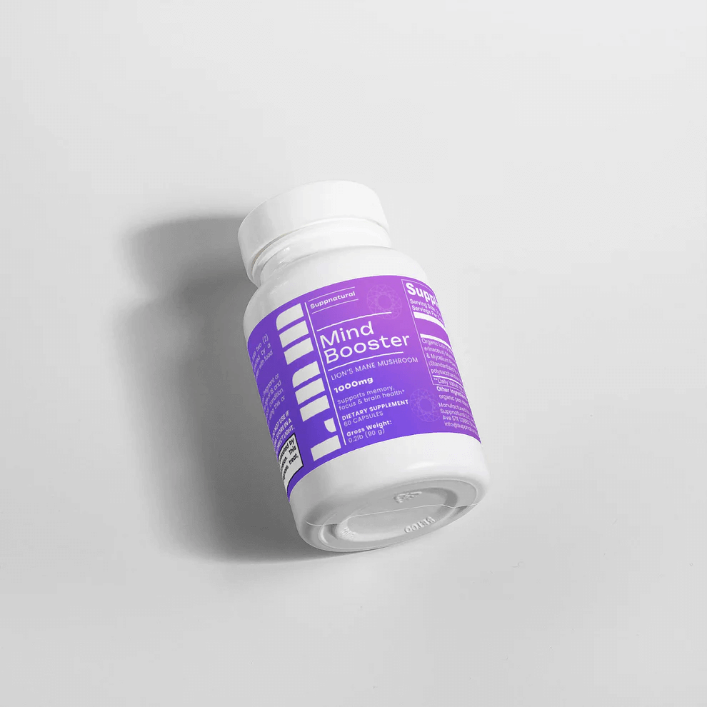 Lion’s Mane Mind Booster bottle angled — brain clarity and focus formula