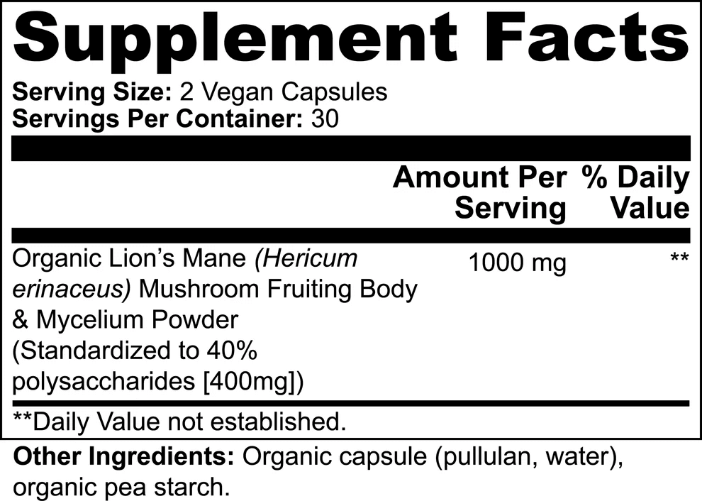 Supplement facts of LMM Mind Booster — Lion’s Mane extract dosage details