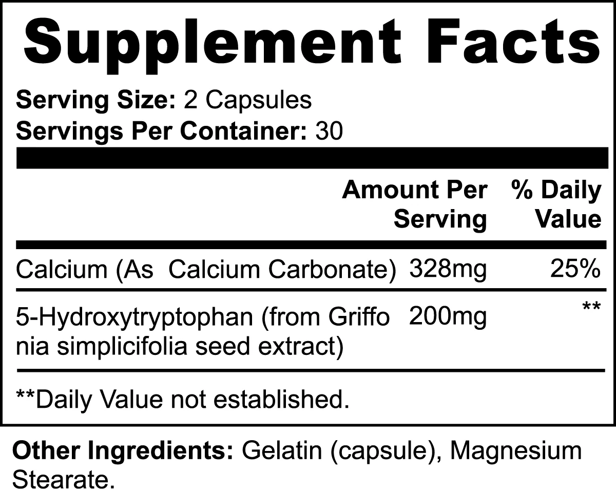 Supplement facts label of Mood Guard 5-HTP showing active ingredients and dosage