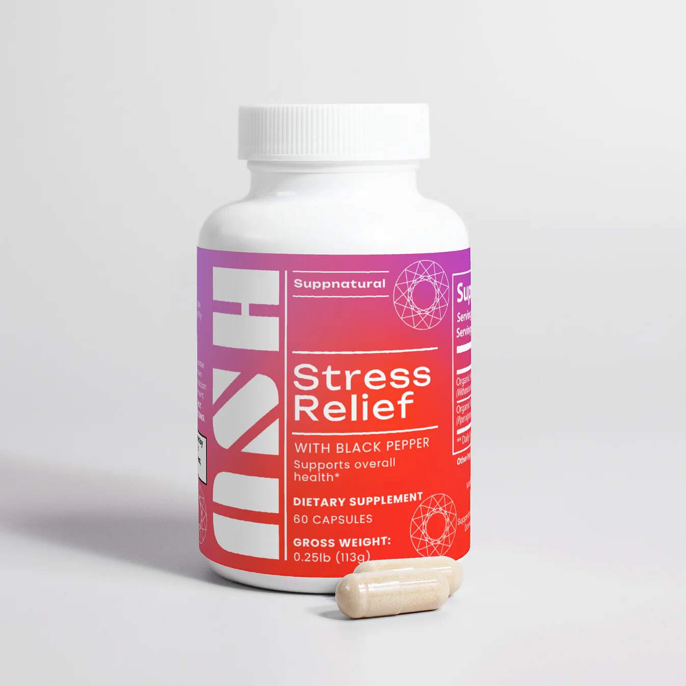 ASH ashwagandha capsules lying flat — stress, energy, and mood support formula