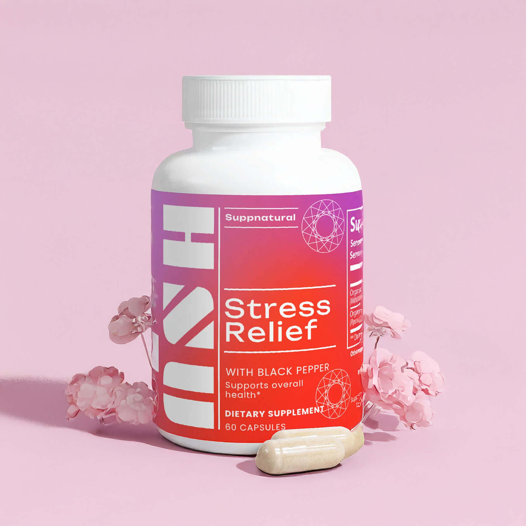 Ashwagandha Stress Relief supplement standing on podium — clean label