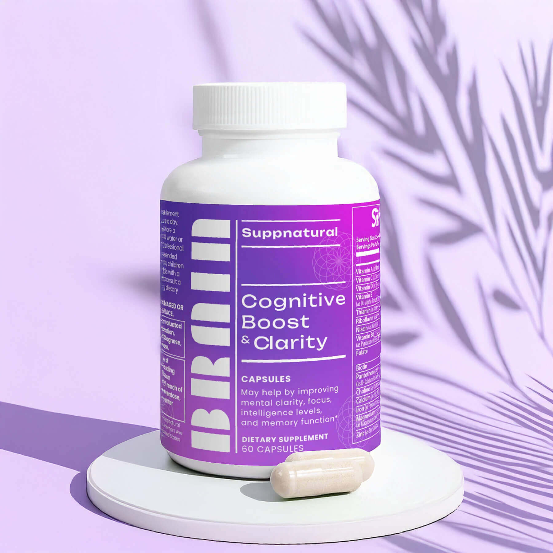 Brain & Focus Formula product image with botanical leaves in background