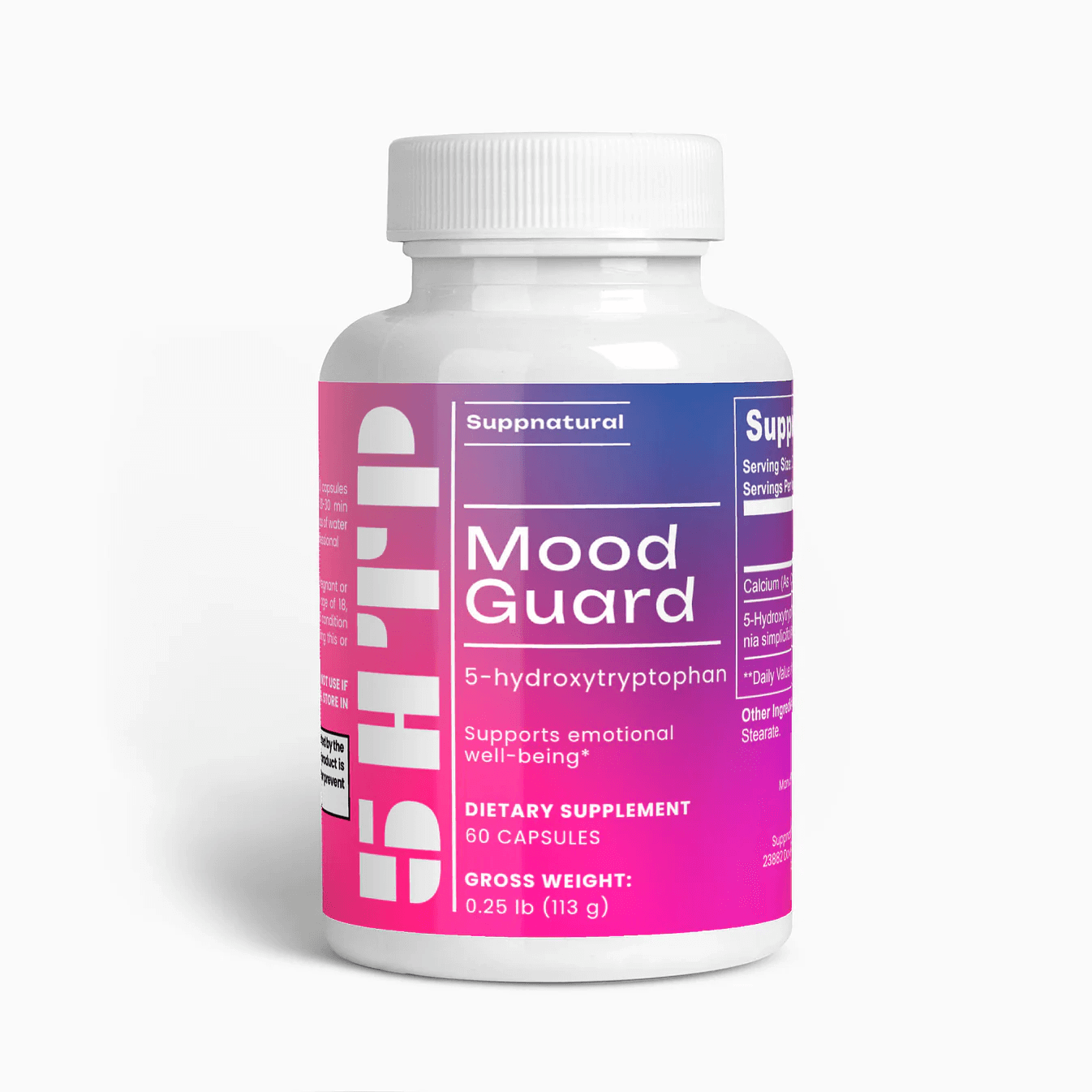 Mood Guard 5-HTP supplement bottle front view on white backgroundshop_this_look_EcLGgQ