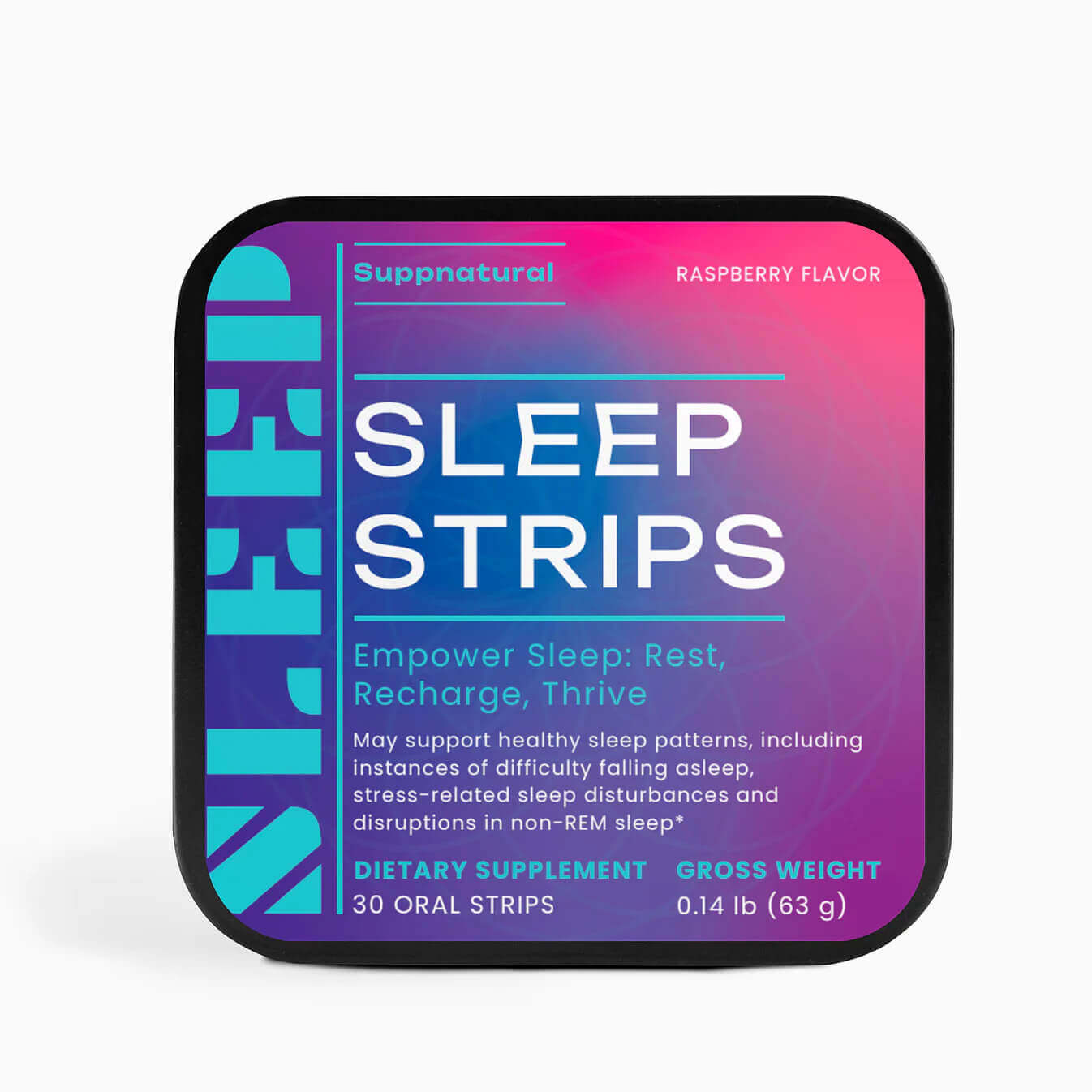 Front view of Sleep Strips container — natural melatonin sleep supplement
