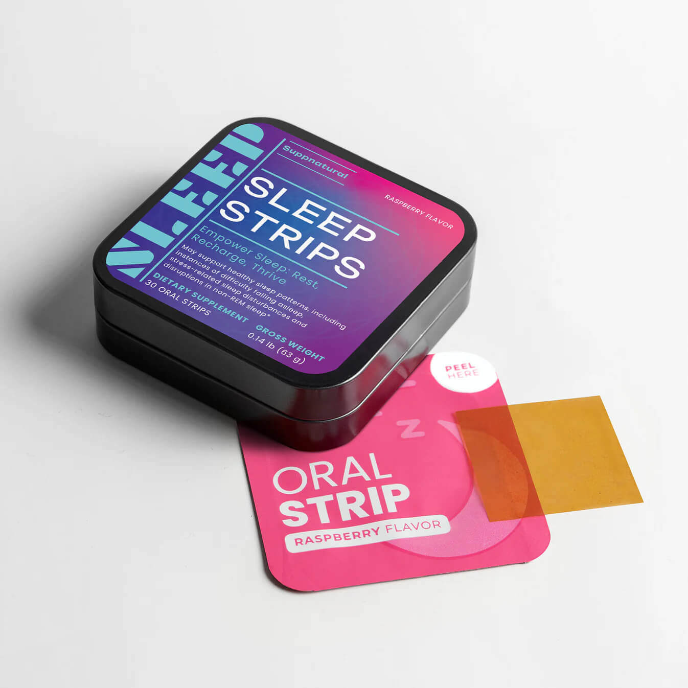 Open Sleep Strips box with strip and label — fast-acting melatonin formula