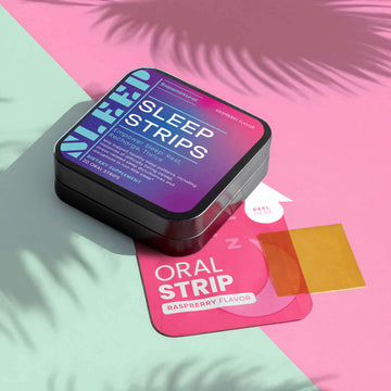 Sleep Strips supplement on pink leaves — melatonin sleep support visual